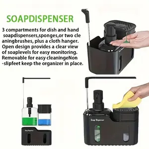 A Dishwasher Liquid Dispenser, Hand Soap Bottle, Battery-free, Manual Pump, Commercial Kitchen Dishwashing Station, Sponge with Liquid Soap.