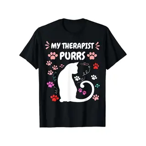Same for men and women "My psychiatrist is a cat" fun T-shirt - 100% cotton humorous psychological consultant themed top, glossy round neck loose casual, unisex black, S-XXXL multi-size, comfortable to wear in