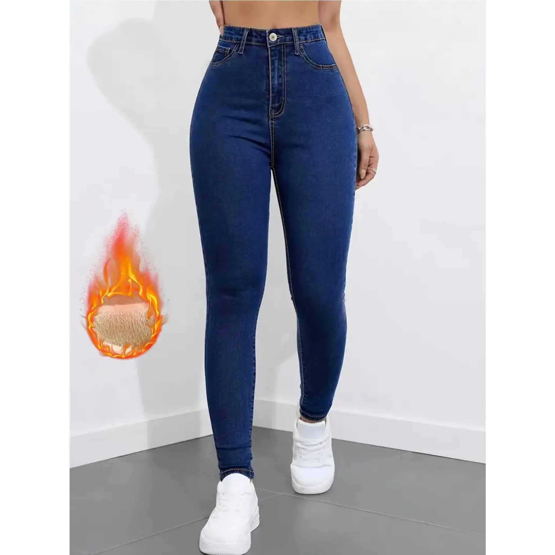 Lady's Cashmere-Lined Slim-Fit Skinny Jeans - Light Wash Stretch Denim Pants for All-Season Party Wear, Viscose-Cotton Fabric, Trouser, Bottom, Slim Fit Jeans, Women, Casual Wear, Elastane, Clothes, Multi-Size