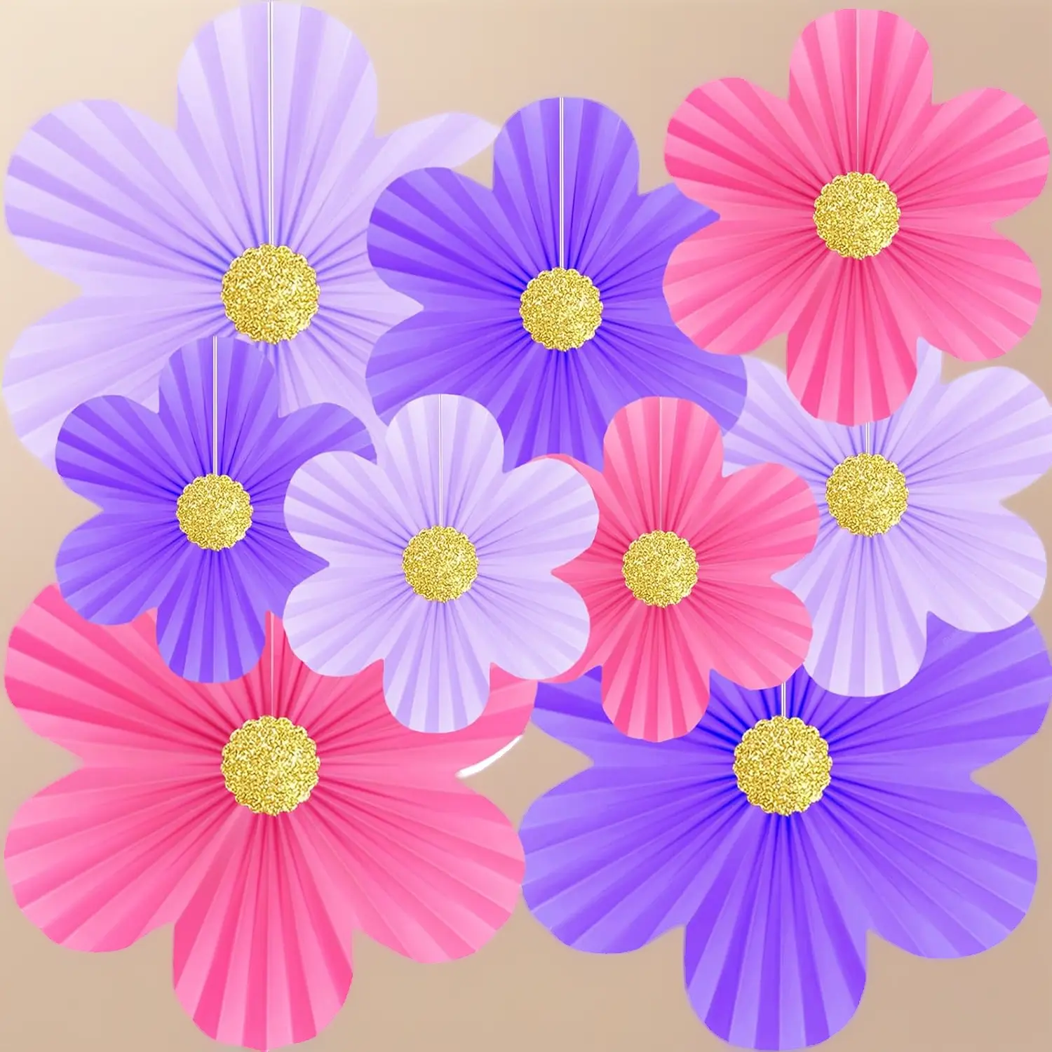 9 piece pink purple paper flower wall decor with gold glitter centers paper fans floral backdrop for birthday classroom baby shower party decorations
