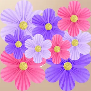 9 piece pink purple paper flower wall decor with gold glitter centers paper fans floral backdrop for birthday classroom baby shower party decorations