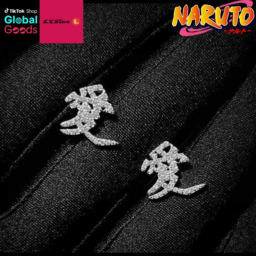 Zircon Gaara Love Kanji Earrings, Japanese Symbol Studs, Hip Hop Anime Style Stainless Steel Ear Jewelry