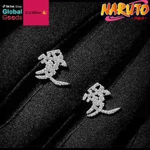 Zircon Gaara Love Kanji Earrings, Japanese Symbol Studs, Hip Hop Anime Style Stainless Steel Ear Jewelry