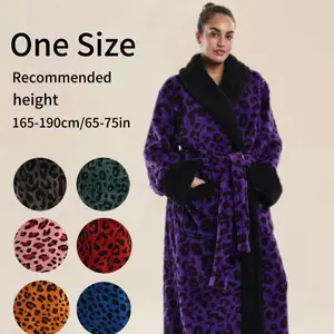 Luxury Leopard Print Collared Bathrobe Blanket, Elegant Design, Waist Belt, Pockets, Unisex, Multiple Colors Available