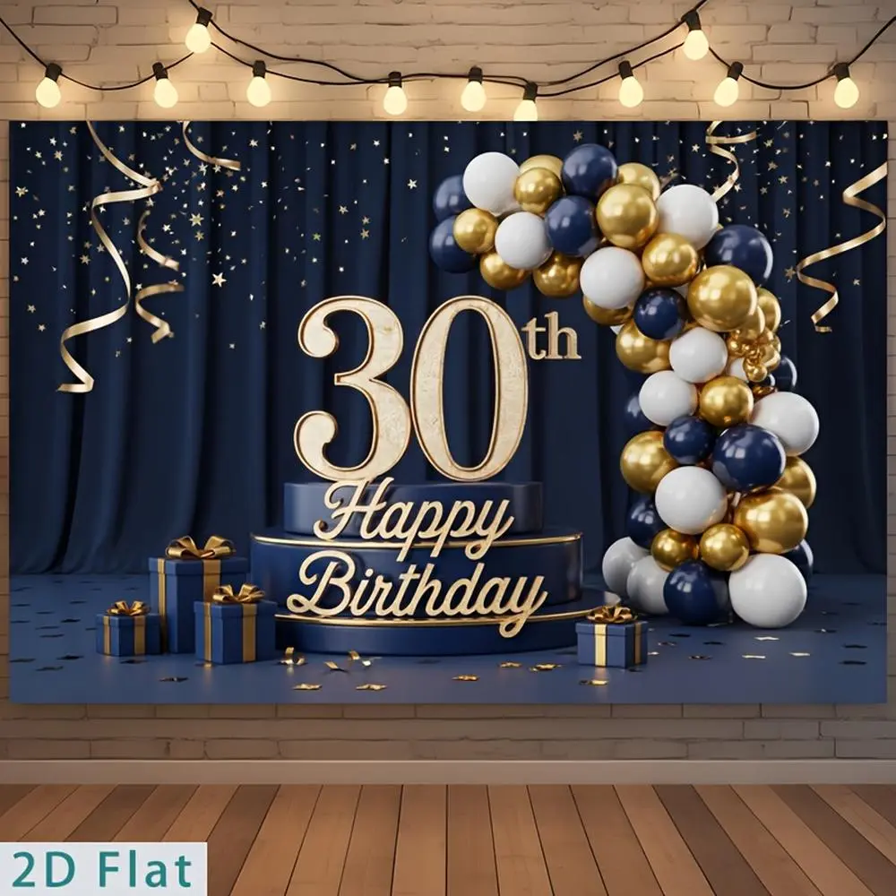 2D Flat, Party Banners 2D Flat Banner, 1pc Polyester Backdrop Navy Blue Golden 30th Birthday Centerpiece Golden Number 30 on Pedestal with Balloon Garland for Table Decor, for Party Decor Farm, Club, Garden, Hom
