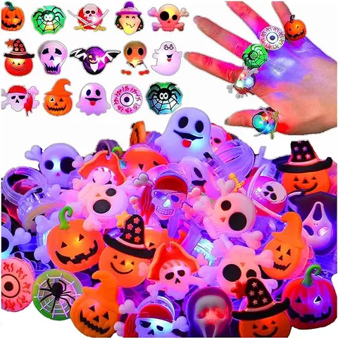 50 Pcs 3D LED Flashing ABS Rings, Halloween Festive Party Supplies Prizes Non-Candy Treats, Goodie Bag Fillers, Child Gifts