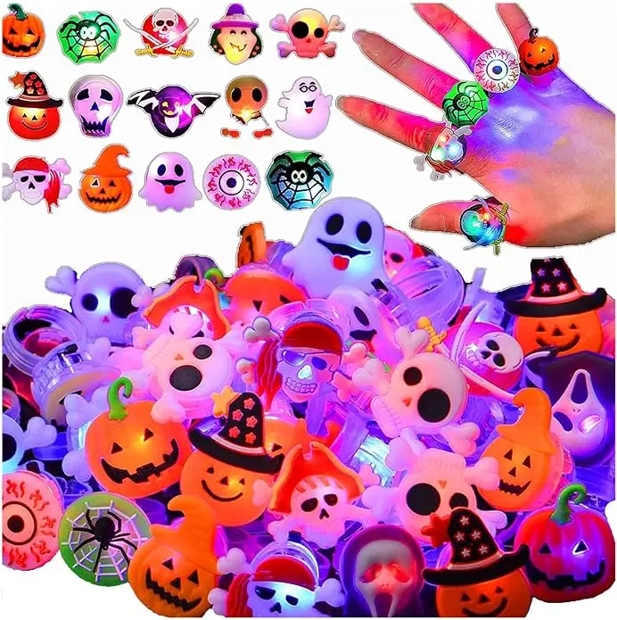 Halloween 50 Pcs Light Up Rings Toys 3D LED Flashing Glow In The Dark Party Supplies Prizes Non Candy Treats Favors Gifts for Kids & Adults Goodie Bag Stuffers