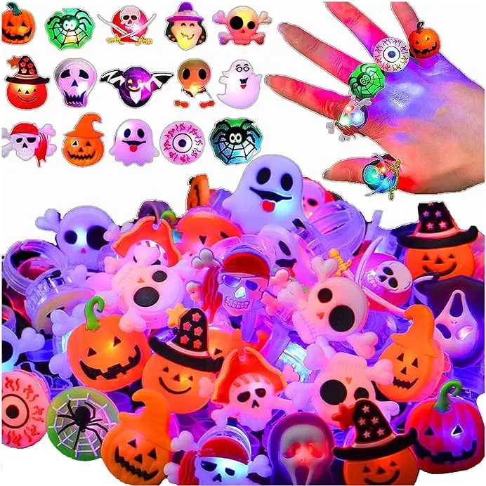 50 Pcs 3D LED Flashing ABS Rings, Halloween Festive Party Supplies Prizes Non-Candy Treats, Goodie Bag Fillers, Child Gifts