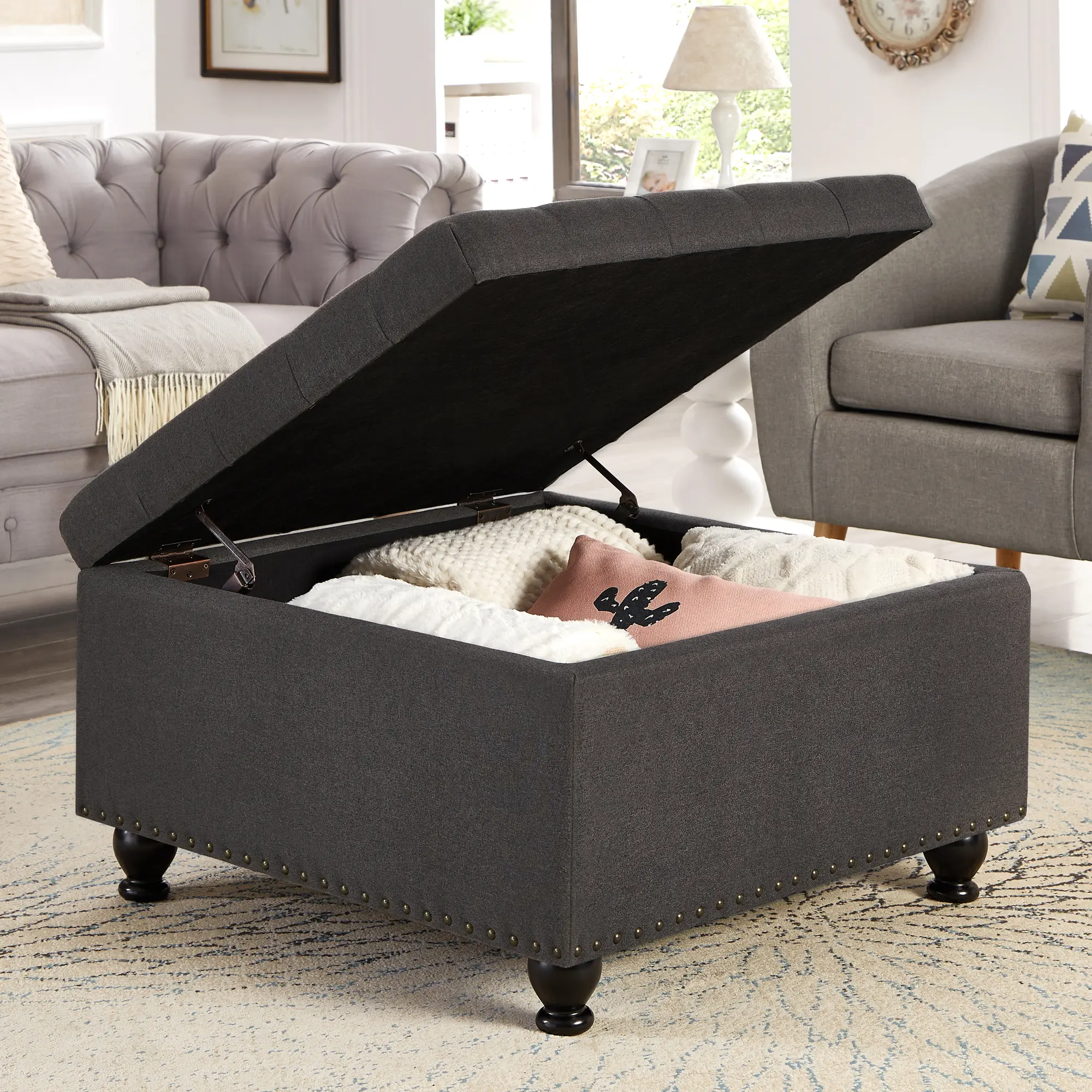Eyisean 30" Linen Large Square Multifunctional Stool Storage Ottoman, Modern Comfy Upholstered Coffee Table with Tufted Buttons, Nailhead Trim, Silky Wipe-Clean Surface, Compact Yet Powerful Wood-Legged Furniture Living Room Decor for Living Room, Bedroom