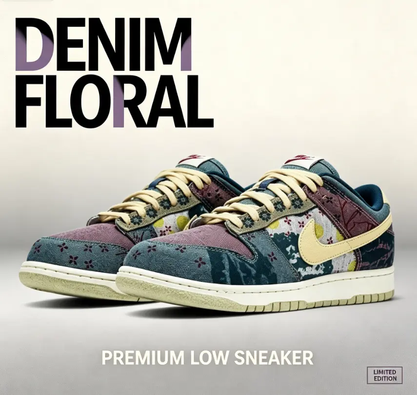 Denim Floral Dunk Low Vintage Sneakers with washed denim fabric, aged midsole & rubber outsole for soft wearing experience and durable anti-slip performance