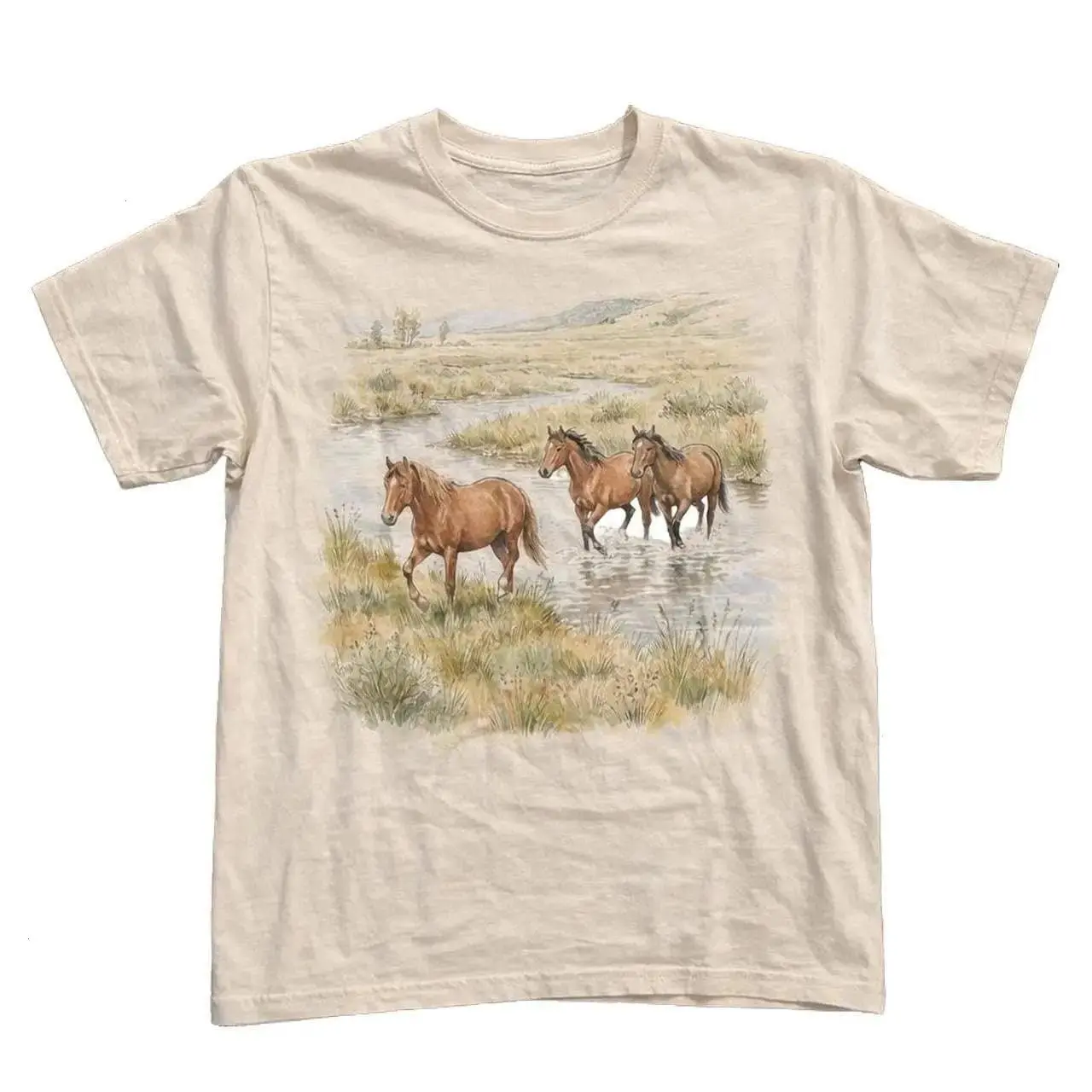 Tan Western Horses Tee - Vintage Stream Print Shirt