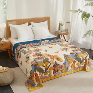 Boho Throw Blanket for Bed, Woven Blanket for Couch Sofa, Ultra Soft 4-Layer Muslin Quilt with Floral Printed, Farmhouse Bed Blanket/Cover for Living Room Decor, Cozy Chic Blanket, Boho Style Blanket