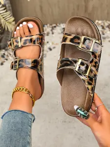 Sexy Leopard Print Cork Sole Sandals, 2026 Summer Double Buckle One Strap Outdoor Flip Flops, American Vintage Style, Soft Cork Material