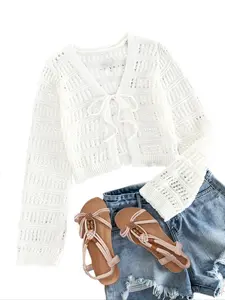 Womens Spring Fall Winter Crochet Tie Knit Cardigan Long Sleeve V Neck Fitted Pullover Breathable Cover Up Blouse Hollow Out Sweater Top
