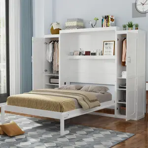 Queen Size Murphy Bed with 2 Wardrobe and Storage Shelf, Multifunctional Foldable Platform Bedframe for Guest-Room, Bedroom, White