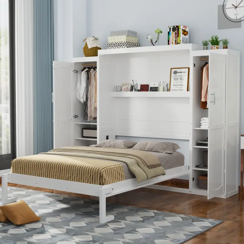Queen Size White Wood-Based Multifunctional Foldable Murphy Bed Frame - 2 Wardrobes, 1 Storage Shelf, Delivers Practicality & Restful Sleep, Ideal for Guest Room, Bedroom