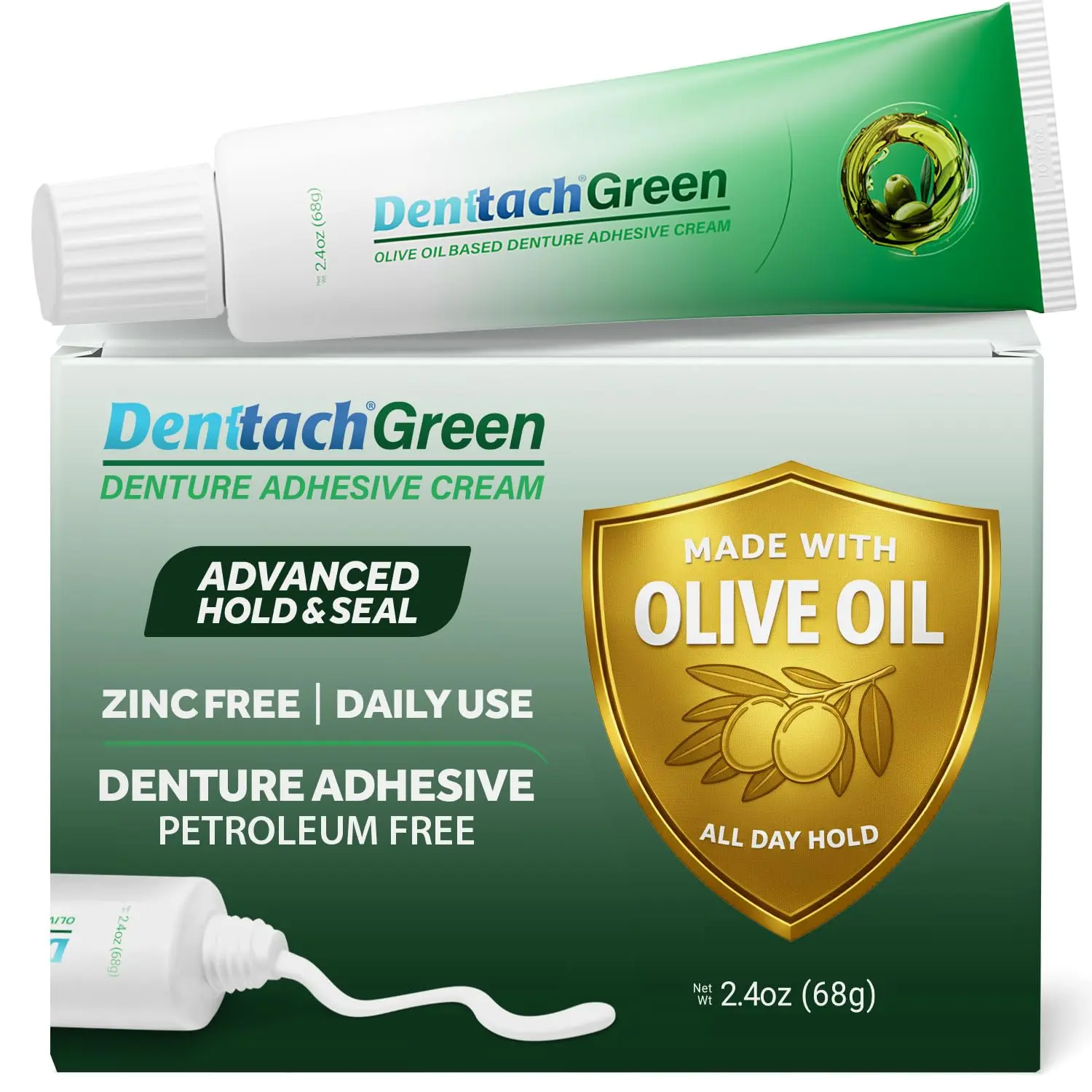 Green Denture Adhesive, Petroleum Free Olive Oil Based Denture Cream for Full and Partial Dentures, All Day Secure Hold Premium Denture Glue, Zinc Free, 2.4 Ounce