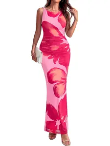 BTFBM Women Floral Cocktail Wedding Guest Dress Summer Spring 2026 Twist Strap Bodycon Mesh Beach Vacation Maxi Dresses