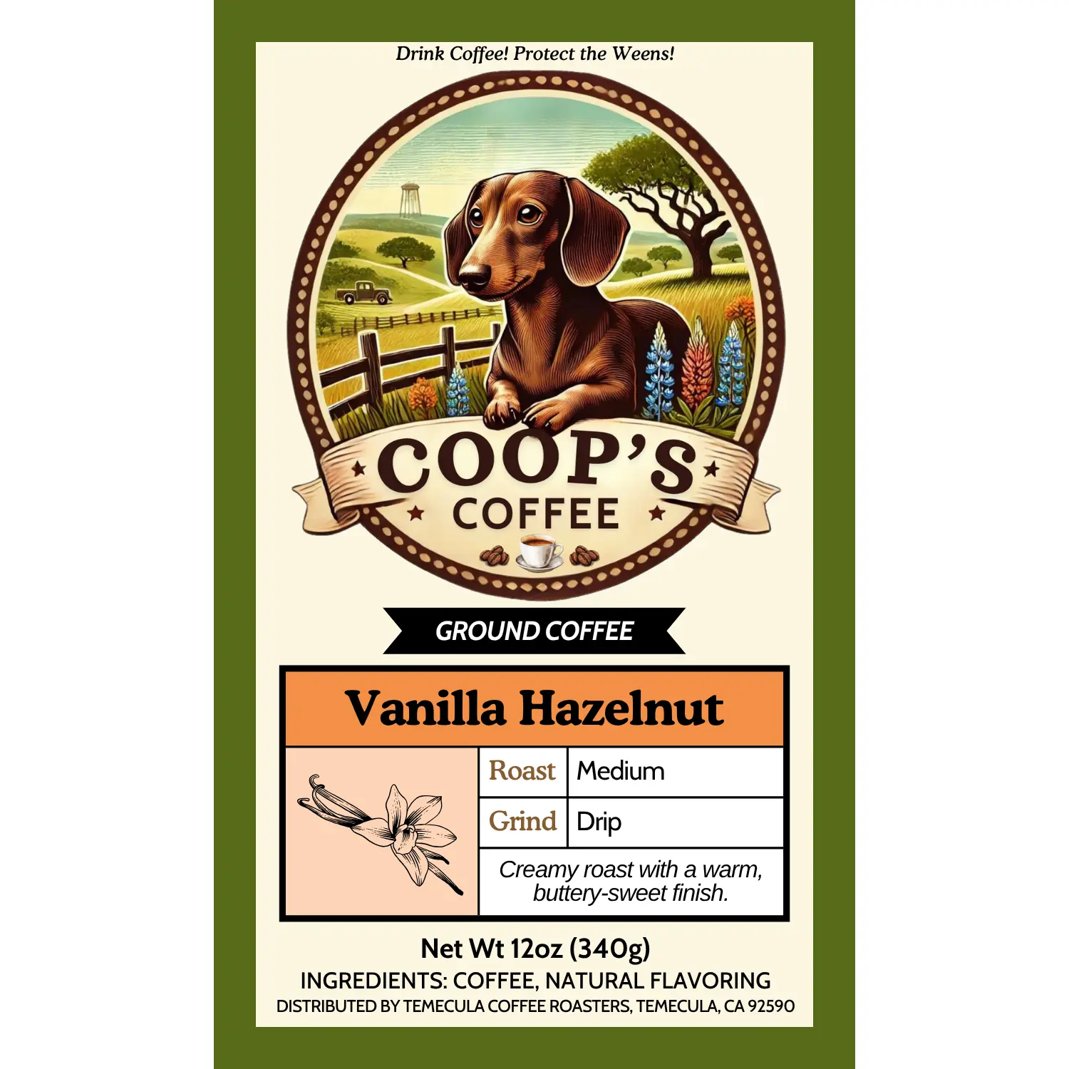 Coop's Coffee Vanilla Hazelnut Ground Coffee - Medium Roast, Creamy Sweet Flavor, 12oz Bag, US Product