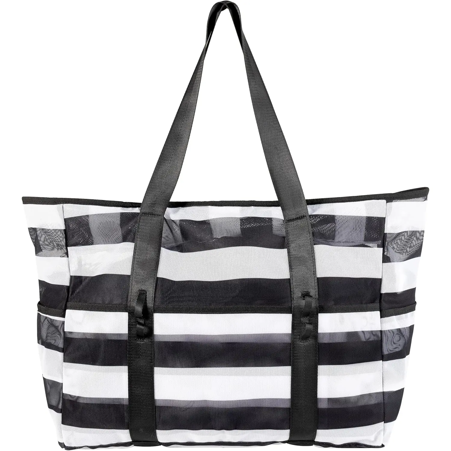 Mesh Beach Bag,   Sandproof Tote with 9 Pockets, Zippered Top, Lightweight for Travel, Pool, Family