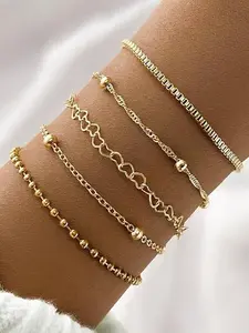 [5pcs Bohemian Bracelet Set] 5pcs Bohemian Minimalist Layered Bracelet Set for Women, Women's Bracelets, Hand Chain Bracelet, Fashion Matching Bracelet, Hollow Chain That Can Be Stacked, Stackable Bracelets, Perfect for Vacation Jewelry Decoration