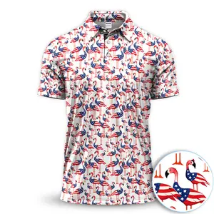Patriotic Flamingo Polo Shirt Men’s American Flag All Over Print Funny Summer Golf Outfit