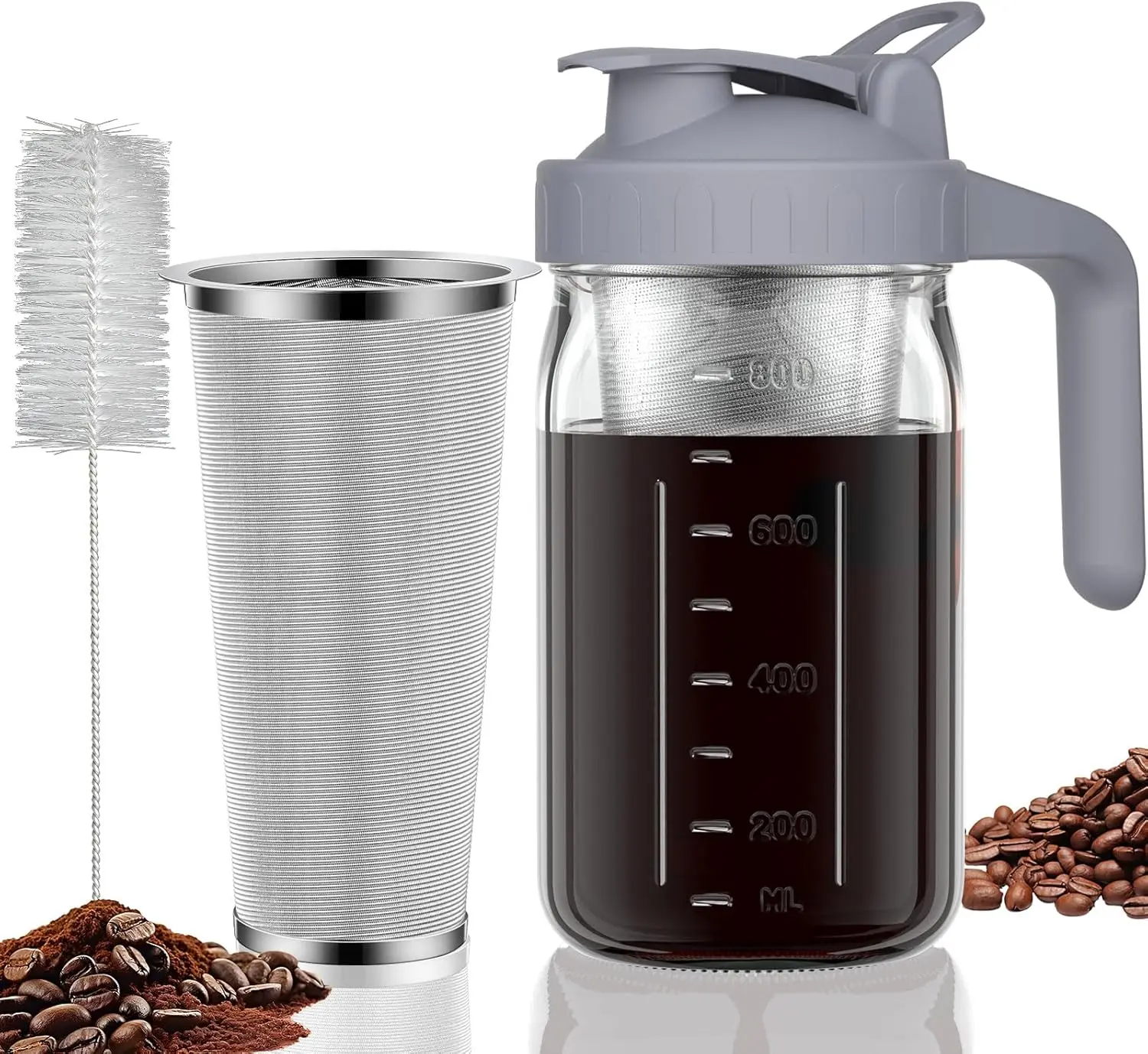 32oz Cold Brew Coffee Maker Pitcher – Thick Glass Mason Jar with Stainless Steel Filter & Spout Lid