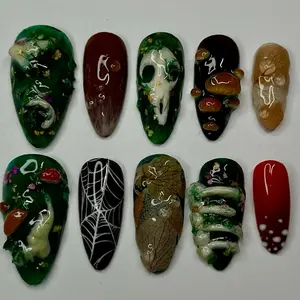 Chic Nail Studio Enchanted Forest Press-On Nails, 3D Leaf & Skull Accents, Deep Green Base, Custom Press-On Nail, Dark Botanical Vibe, Mystical Nature Aesthetic for Witchy Fashion Lovers