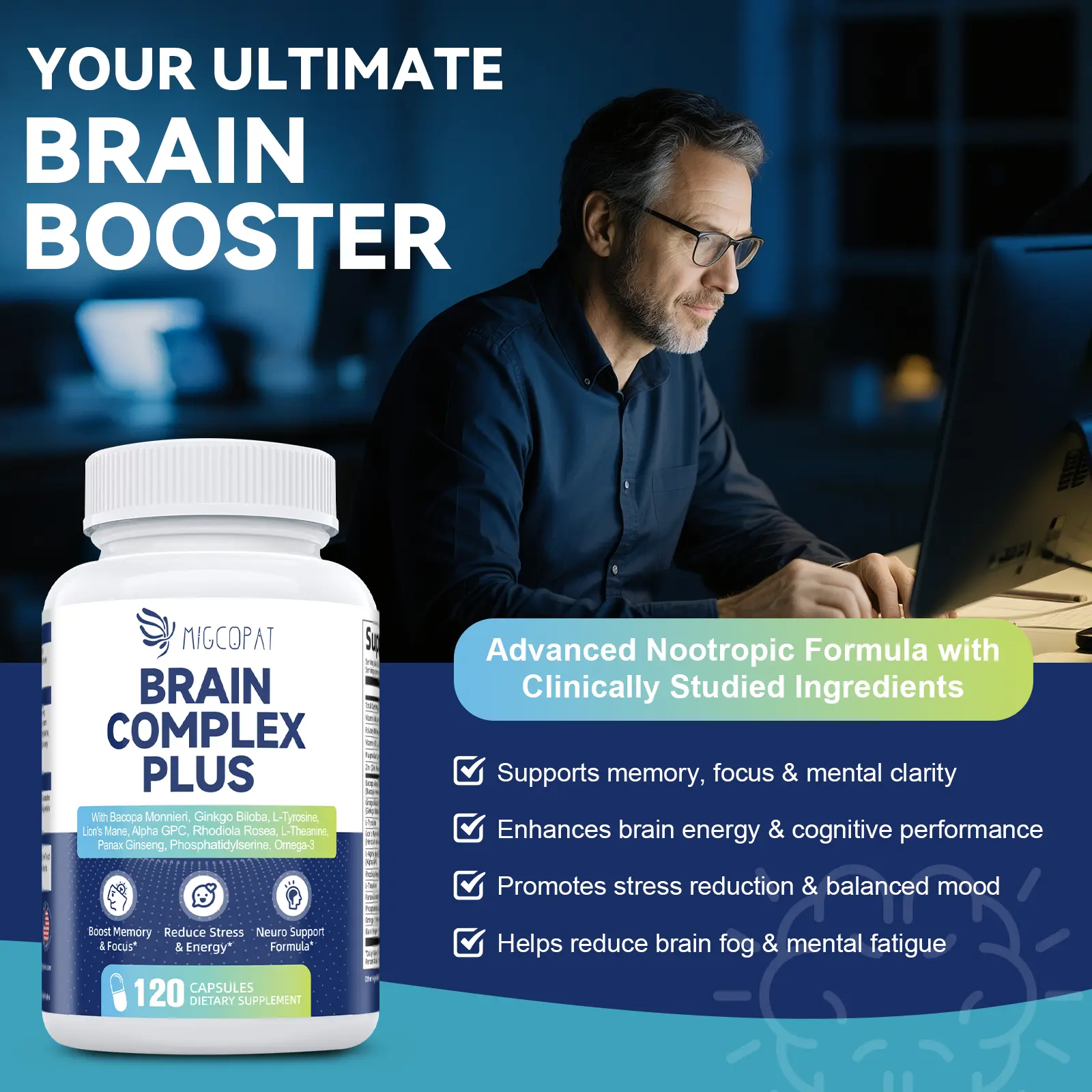 Brain Supplements for Memory & Focus - Nootropic with Bacopa Monnieri, Lion's Mane, Alpha GPC, Phosphatidylserine | Supports Mental Clarity & Cognitive Function | Vitamin B6 & B12-120 Capsules Stress Relief Dietary #SummerVibes