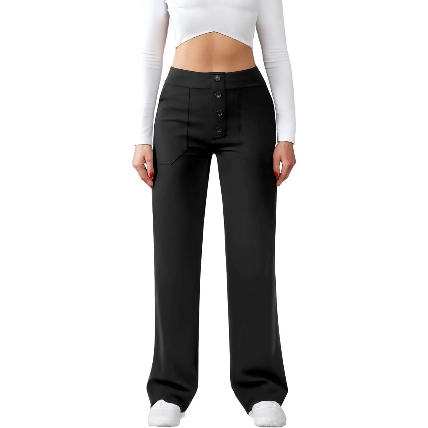 JEKAOYI Womens Casual High Waist Straight Leg Pants Stretchy Button Business Dress Work Pocket Trousers