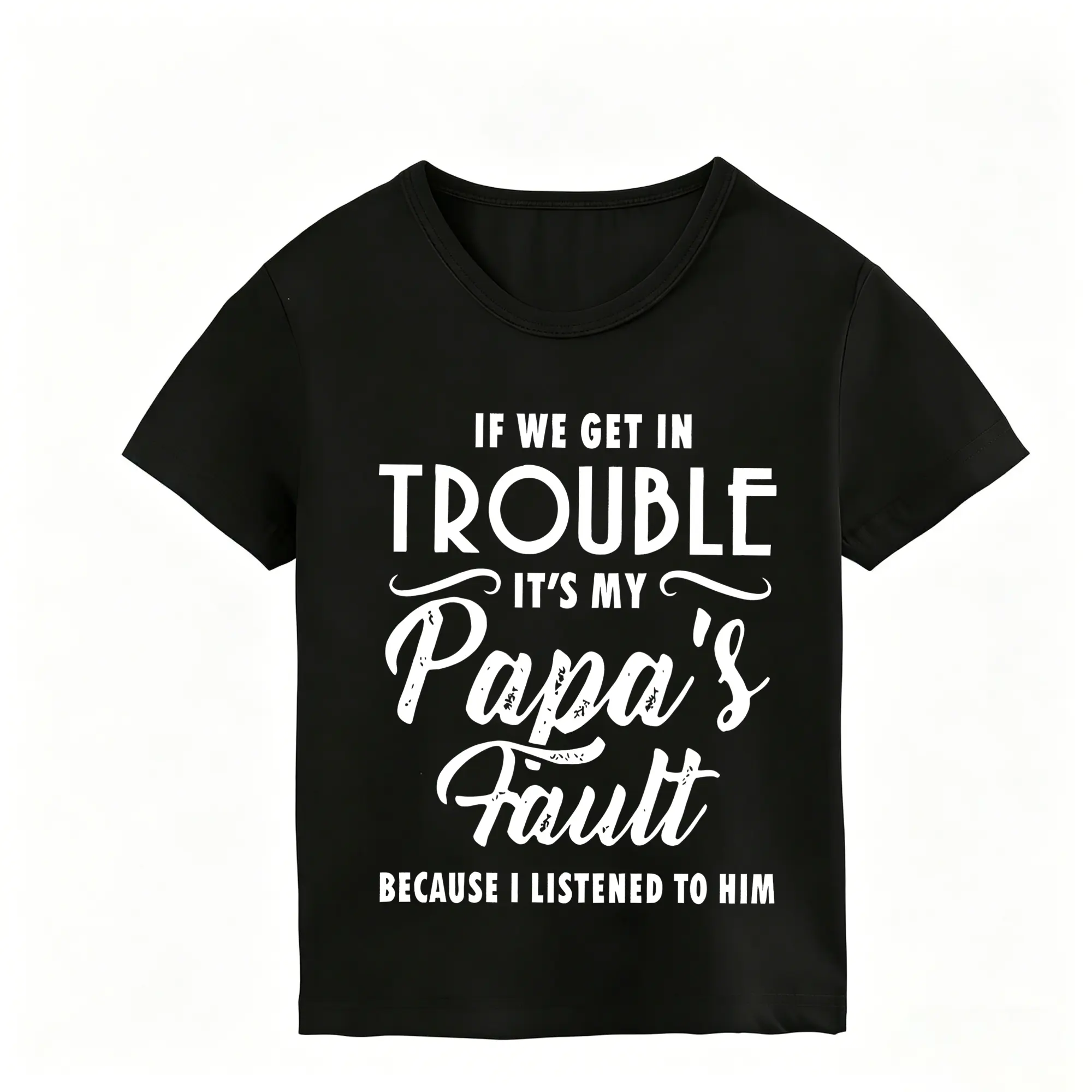 Soft Cotton T-Shirt for Boys with Funny Letter Print-"IF WE GET IN TROUBLE IT'S MY PAPA'S FAULT BECAUSE I LISTENED TO HIM",Crew Neck, Short Sleeve, Black with White Text, Casual Summer Top for Youngsters and Tween Boys,Glow-in-the-Dark,labubu,clothes