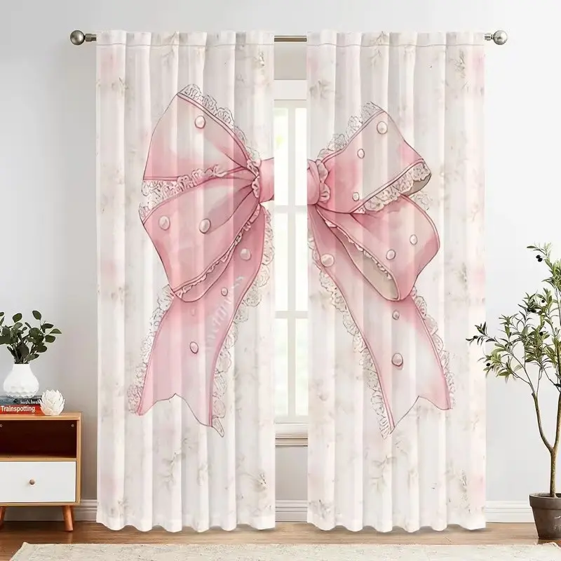 Cute Bow Print Curtains Set, Home Decoration Curtain, Interior Decoration Accessories, Fashionable Rod Pocket Window Drapes for Bedroom & Living Room, Comfortable Atmosphere, Easy Installation, Home Decorative Curtain