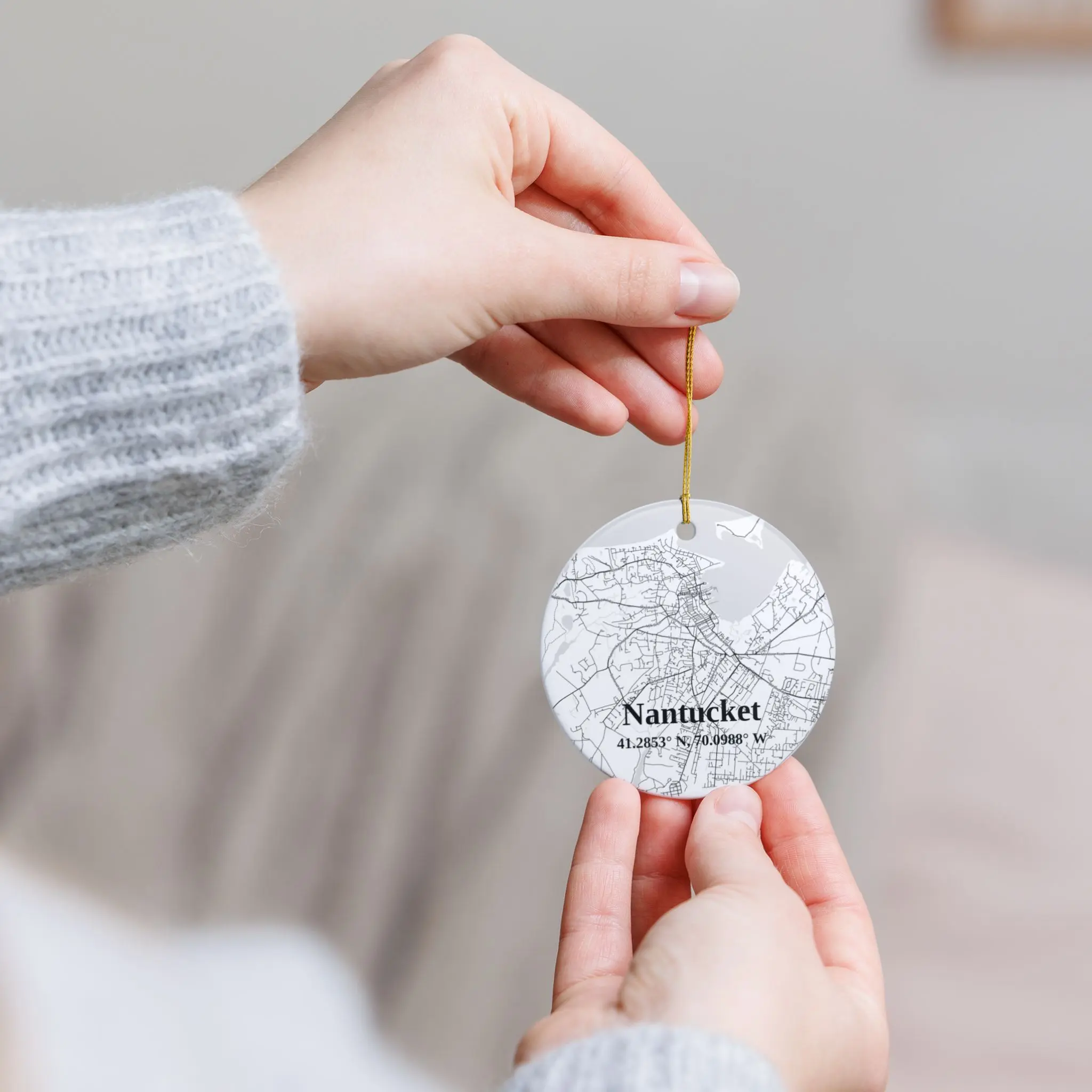 Nantucket Ornament Ceramic Christmas Tree Decoration with Island Map Design Holiday Gift Keepsake for Massachusetts Fans