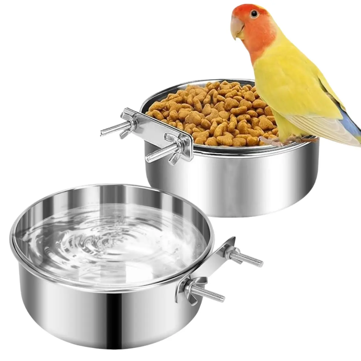 Bird Feeder Food Bowl Set, Bird Feeding Station, Stainless Steel Hanging Waterer for Bird Cages, Suitable for Parrots Hamsters Rabbits, 3.93 Inch, Bird Supplies