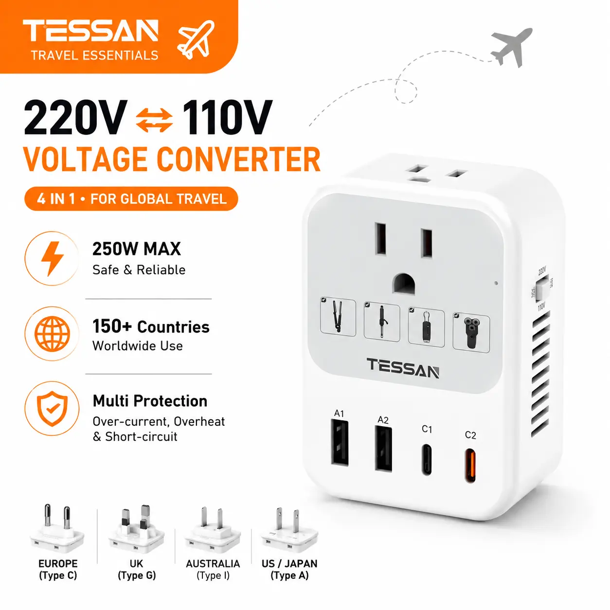 TESSAN 220V to 110V Voltage Converter US to Europe Universal Travel Adapter | 4 USB Ports (2 USB-C), 2 AC and EU/UK/JP/FR Power Plug Adaptor, International Step Down Transformer