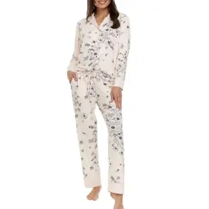 Flora Nikrooz FN Women's 2 Piece Super Soft Satin Trim Notch Collar Pajama Sleep Lounge Set