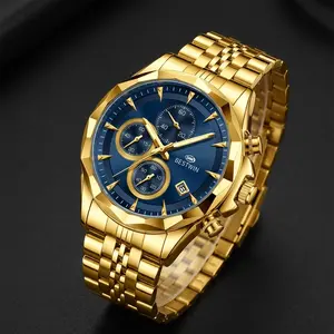 BESTWIN Men’s Wrist Watch, Large Dial Luminous Hands Quartz Movement Wristwatch, Fashion Multi Chronograph Dial Stainless Steel Band Dress Watch, Stylish Timepiece for Business Daily Wear, Dating & Party Outfit