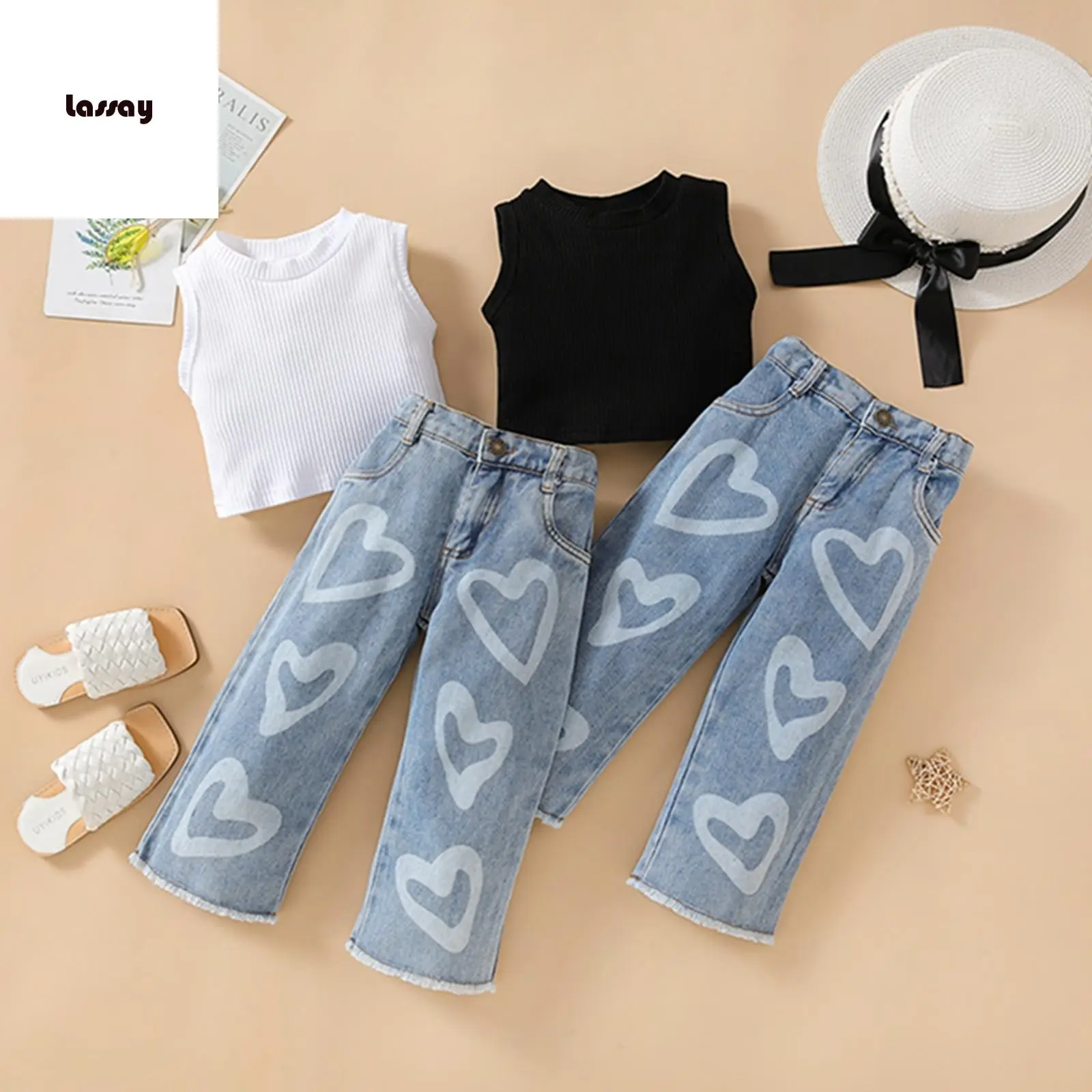 Kids Girls Clothes Suits Solid Color Ribbed Sleeveless Tank Tops and Heart Print Jeans Denim Pants 2Pcs Suit