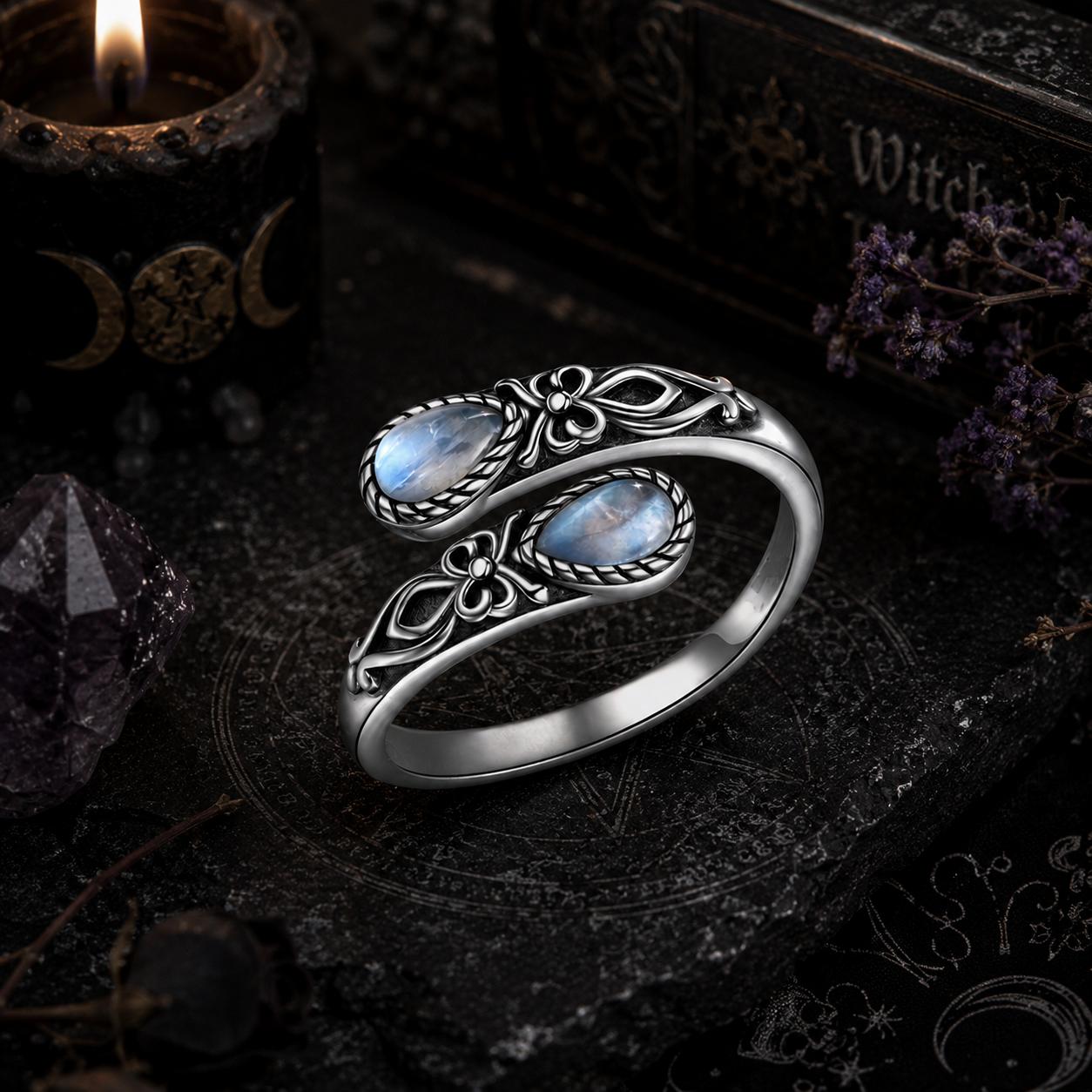 Women's Vintage Moonstone Ring, Elegant Sterling Silver with Floral Engraving, Adjustable Open Design for Everyday Party Wear, Adjustable Open Rings, Classic, Daily