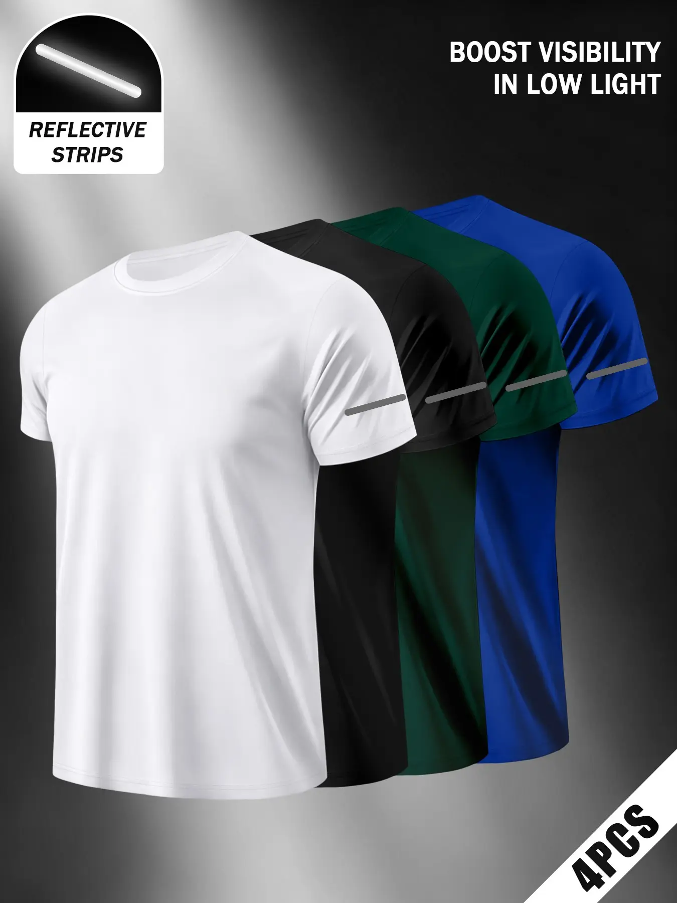 Night Reflective Men's Short Sleeve T-Shirt 4-Pack, Lightweight Breathable Fabric, Ideal for Outdoor Running and Fitness, Athletic Workout Shirt