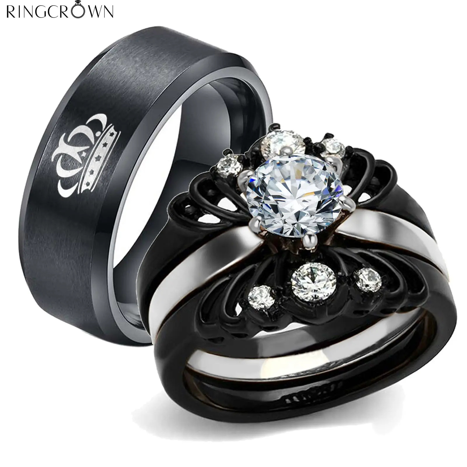 Ringcrown Couple Rings Crown Matching Rings 1.5 CT AAA Cz Black Gold Plated 3pcs Women Wedding Ring Sets For Him And Her Ring Sets Men Titanium Steel Wedding Band