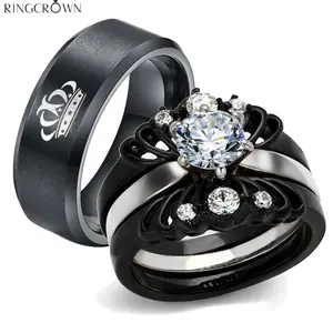 Ringcrown Couple Rings Crown Matching Rings 1.5 CT AAA Cz Black Gold Plated 3pcs Women Wedding Ring Sets For Him And Her Ring Sets Men Titanium Steel Wedding Band