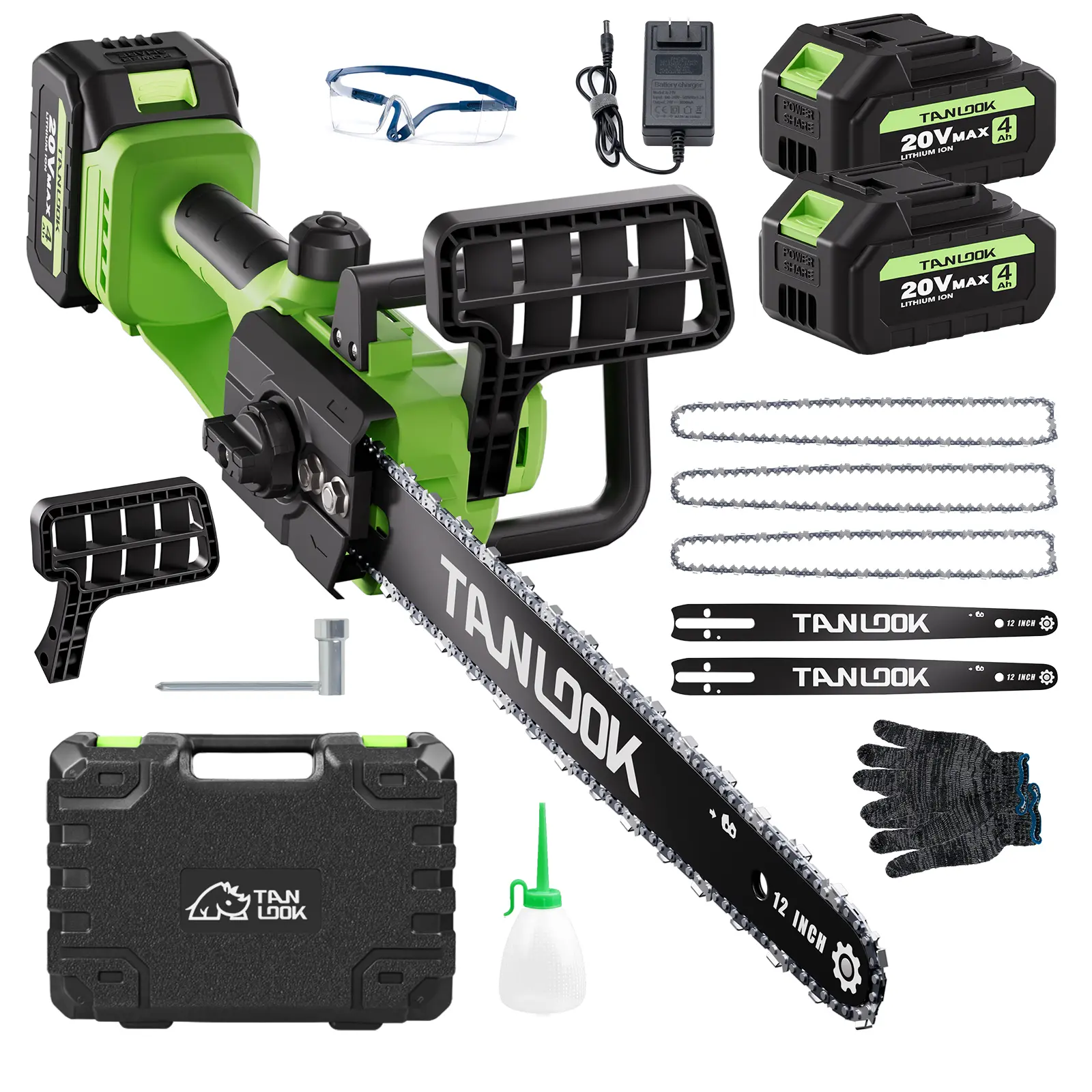 TANLOOK 12-in 2×4Ah Cordless Battery Powered Chainsaw - Compact Portable Tool Kit with Metal/Plastic Build, Toolbox Accessories, Optional Batteries & Guide Chains for Homeowners’ Wood Cutting, Tree Trimming (Ideal for Friends)