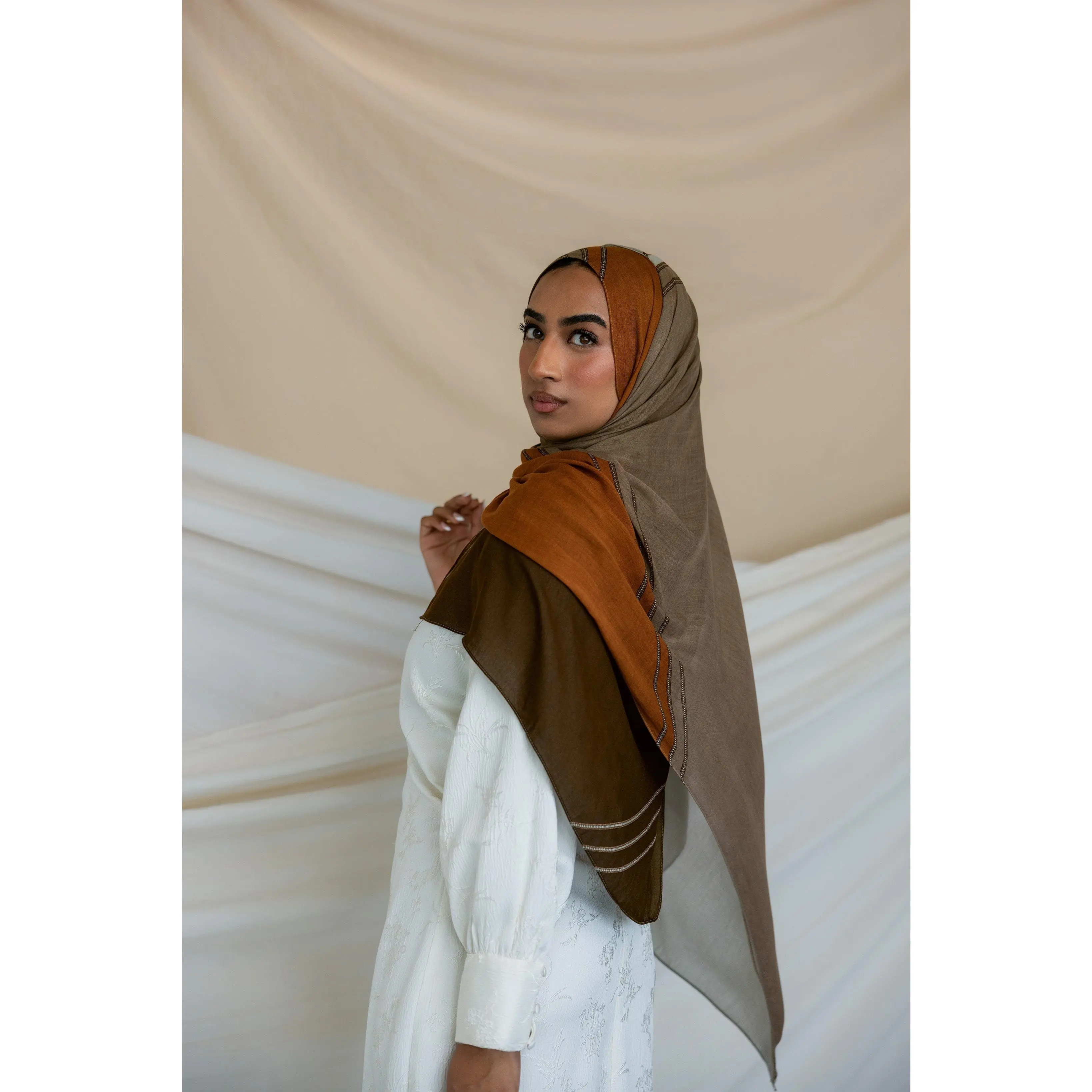VELA Classic Saya Stripe Hijab in Breathable Woven Modal, Brown and Taupe Scarf for Elegant Modest Fashion