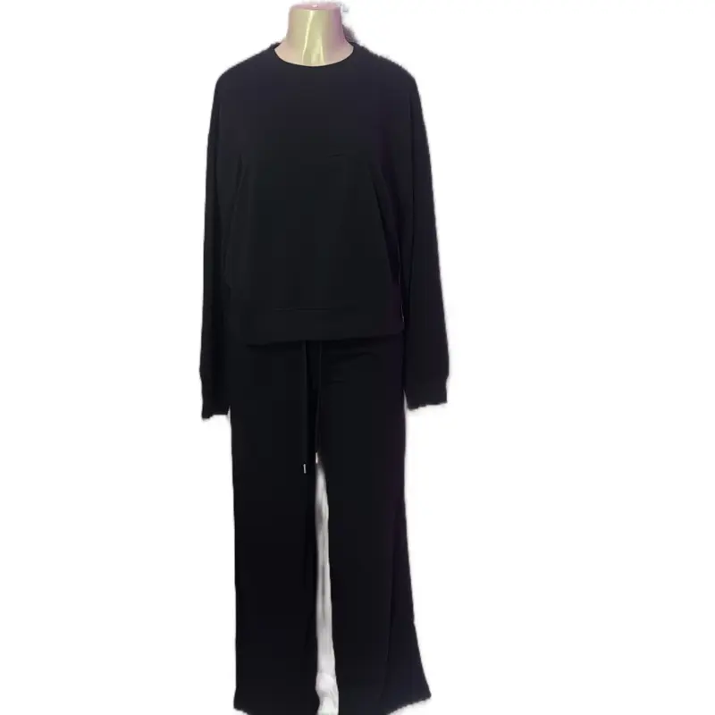 Black Set - Stylish Long Sleeve Top & Wide Leg Pants for Everyday Wear