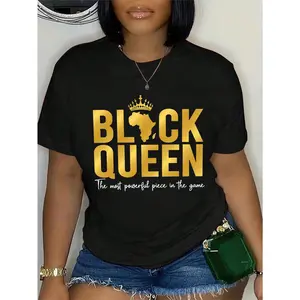 Slogan Graphic Short Sleeve Tee BLACK QUEEN The Most Powerful Piece In The Game Graphic Tees Women Tops