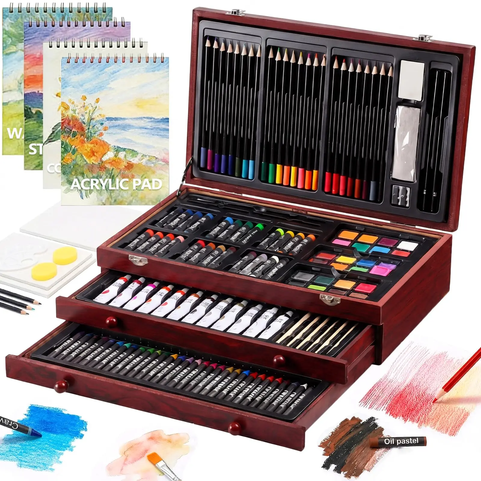 194PCS Complete Art Supplies Set with Wooden Case, Drawing Pads, Crayons, Colored Pencils, Painting Tools and Creative Accessories for Adults, Artists and Beginners，A practical choice for birthdays, holidays and art time.