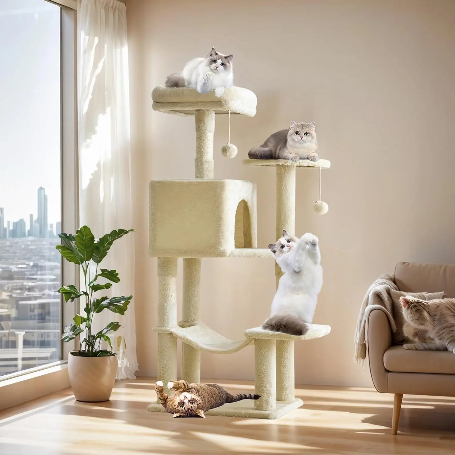 44-Inch Sturdy Space-Saving Freestanding Cat Tree Tower for Indoor Cats, Natural Sisal Claw Sharpener Posts, Hanging Hammock Nest, Particleboard Pet Condo for Climbing Play, Beige (Space Saving Furniture)