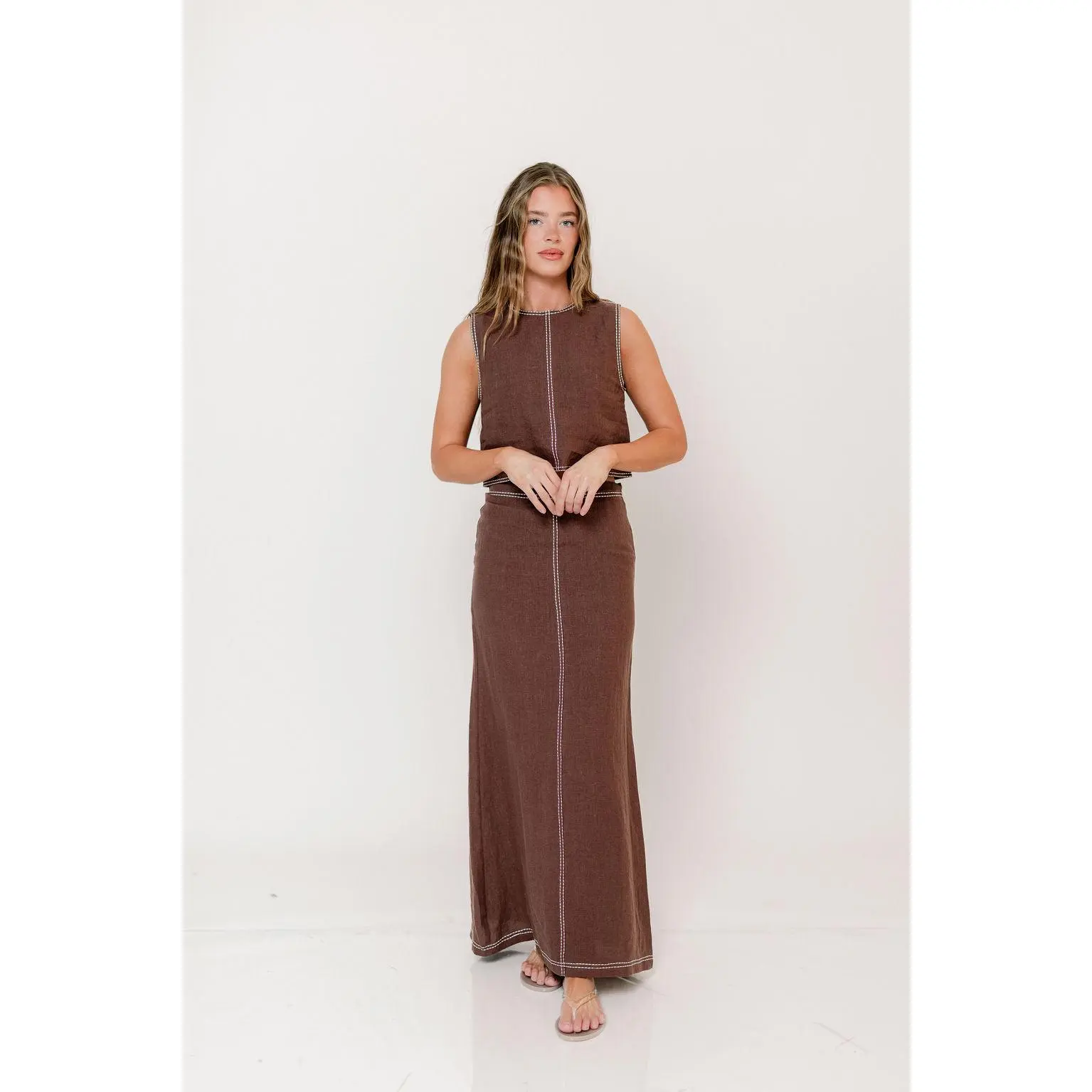 Kenzy Contrast Stitch Linen Maxi Skirt in Brown