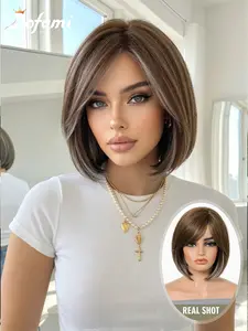 10 Inch Women's Shoulder-Length Straight Bob Wig, French Side Part Bangs, Synthetic Material, Daily Wear, Cosplay, Universal Style